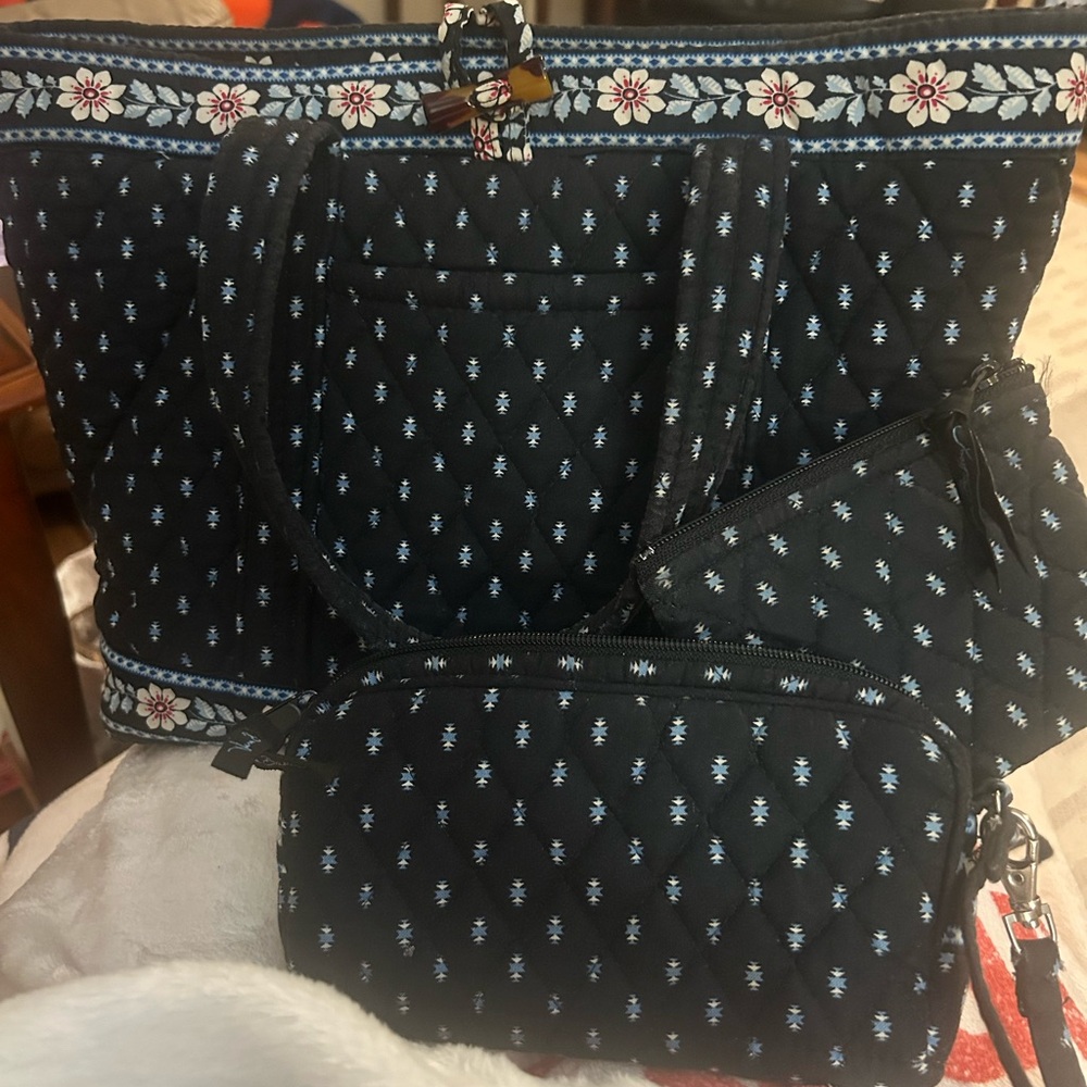 Dark Blue Quilted Tote and Pouch Set